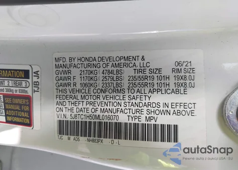 2021 Acura Rdx Technology Package z USA, uszkodzony, nr VIN 5J8TC1H50ML016070